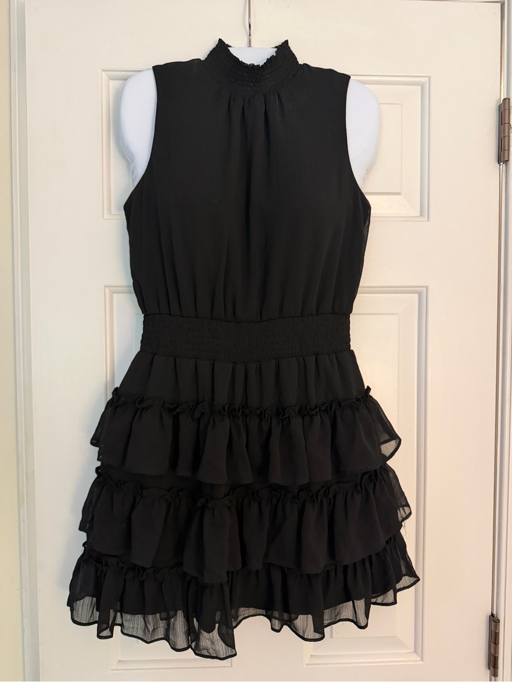 1.STATE Small Black Ruffle Tiered Mini Dress Smocked Waist Sleeveless